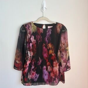 TED BAKER Dark Floral Sheer 3/4 Sleeve Small Business Casual Office Whimsigoth